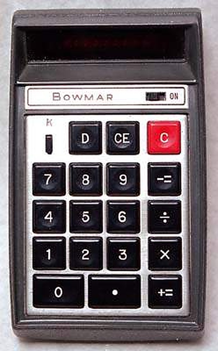 Bowmar 901B electronic pocket calculator with a red LED display and chrome accents