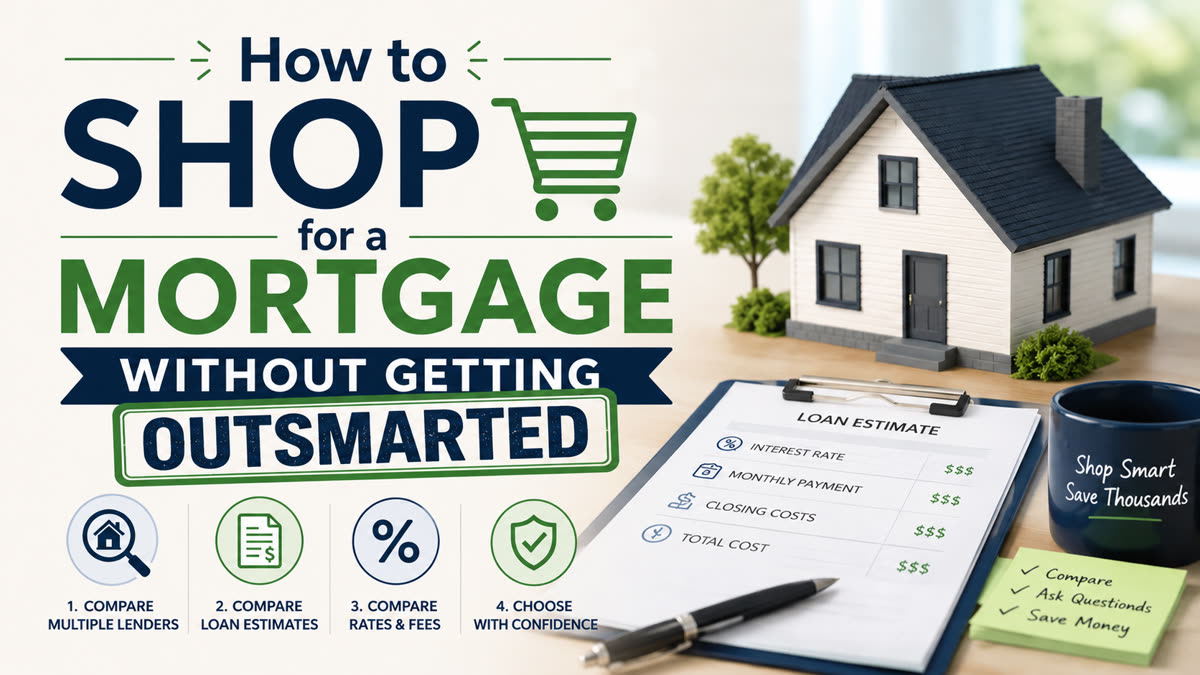 Infographic illustrating how to shop for a mortgage. Numbered steps — compare lenders, compare loan estimates, compare rates and fees, choose with confidence — alongside a model house, a Loan Estimate clipboard, and a coffee mug reading 'Shop Smart Save Thousands.'